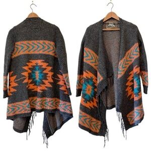 ROOTS Sz M South Western Fringe Open Front Wool Blend  Boho Bohemian Cardigan